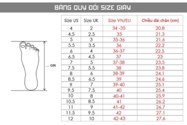 Tham khảo bản quy chuẩn sau khi đo kích thước bàn chân