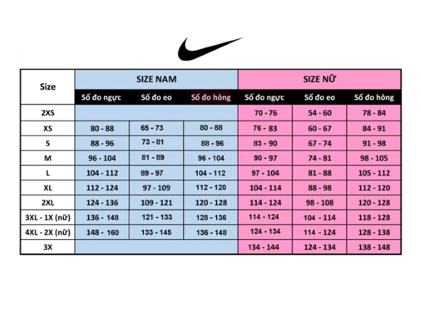 Bảng size áo bóng đá thương hiệu Nike